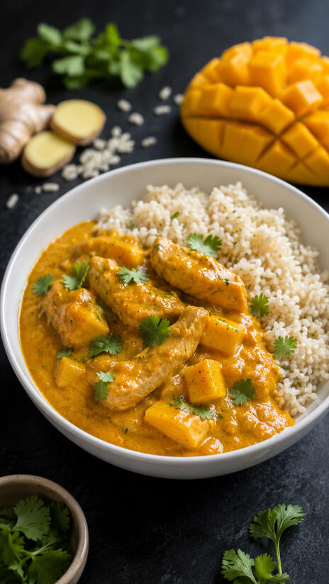 Untitled Frisch zubereitetes Currygericht mit Reis